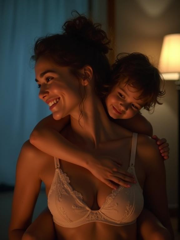 Woman wearing a bra at night. Expresses joy. Child on back holds tightly. Warm lighting. Cozy home setting.