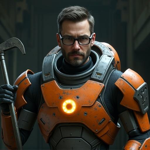 Realistic depiction of a tall man in late 30s wearing HEV Mark V suit. The suit is orange and dark gray with metallic plating. He holds a crowbar with a focused expression. Setting is dark and industrial.