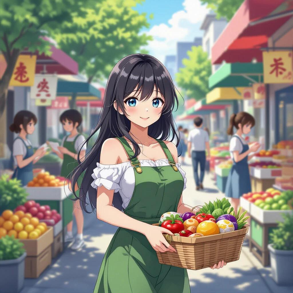 A woman carries a basket filled with fresh fruits in a vibrant market surrounded by colorful stalls. The scene captures the essence of shopping for fresh produce. The atmosphere is lively with shoppers and vendors engaged in activity.