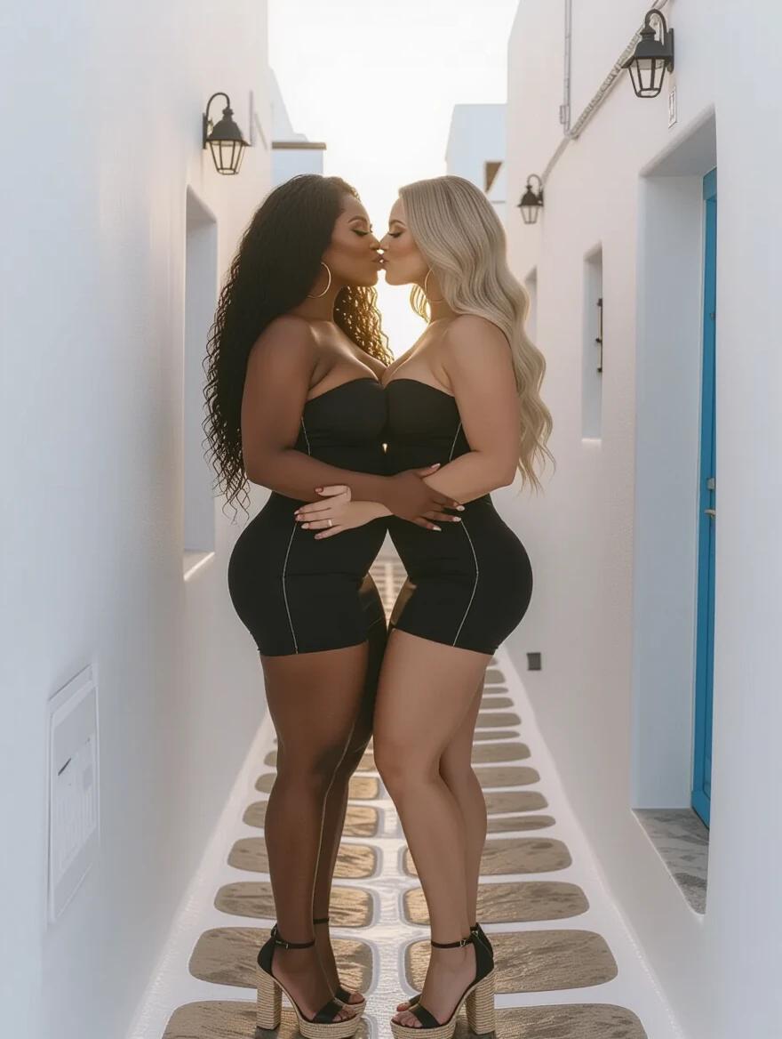 Two women embrace and kiss in a narrow Mykonos alley at sunrise. One woman has long curly black hair with dark skin. The other woman has long wavy blonde hair with light skin. Both wear tight black strapless dresses and platform espadrille heels. The setting has a romantic vibe with sun illuminating their moment.