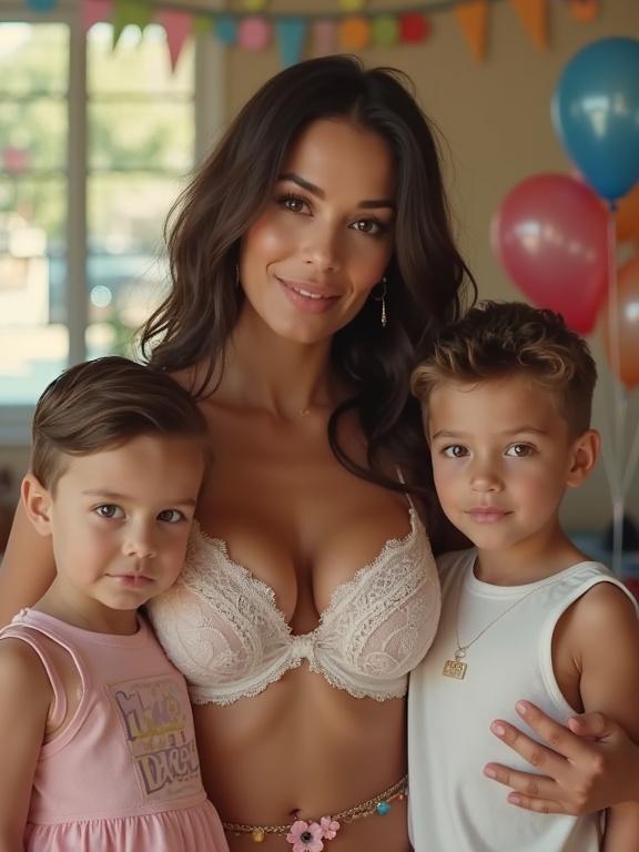 Mother standing with two boys at birthday party. Mother is wearing a lace bra. Soft background with colorful decorations and balloons.