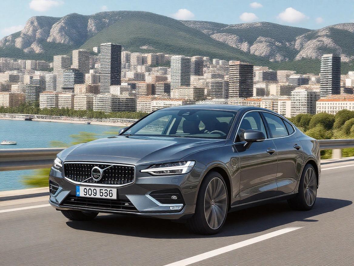 Volvo S60 T5 driving on a scenic coastal road near a city with mountains in the background. The car is modern and sleek, showcasing its design and performance.