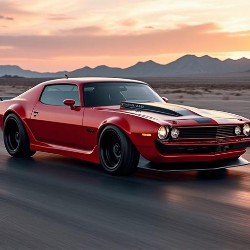 A retro-modern muscle car drives through a desert landscape. Features include a supercharged V8 engine, bright red paint, LED racing stripes, and a unique exhaust system. The car exhibits classic styling with a modern twist and signifies performance.