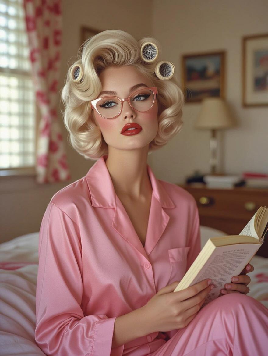 Portrait of a solo woman with platinum blonde hair. She looks away. Hair in curlers. She wears cat eye glasses and pink pajamas. She is sitting on a bed reading a book. Bedroom has a messy appearance. Flawless makeup with winged eyeliner and ruby red lips. Accessories complement her look. Style reflects Slim Aarons photographs.