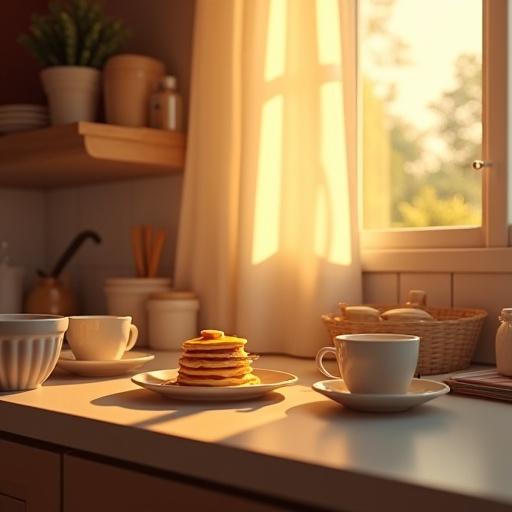 Cozy morning kitchen with warm sunlight streaming through the window. Soft wooden furniture appears inviting. Teacups placed on the counter beside pancake ingredients. Peaceful and atmospheric setting in 3D style.