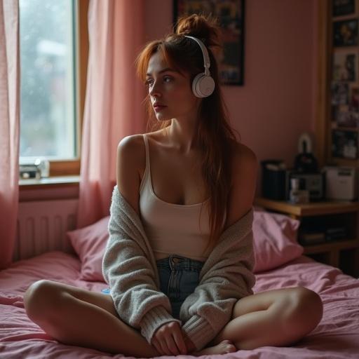 A young woman with long auburn hair styled in a bun seated on an unmade bed with pink sheets. She faces the camera at an angle with a calm expression. She wears a loose cream silk camisole and cotton white-and-blue shorts. Vintage headphones rest on her head. The room has cozy decor with concert posters and vinyl records.