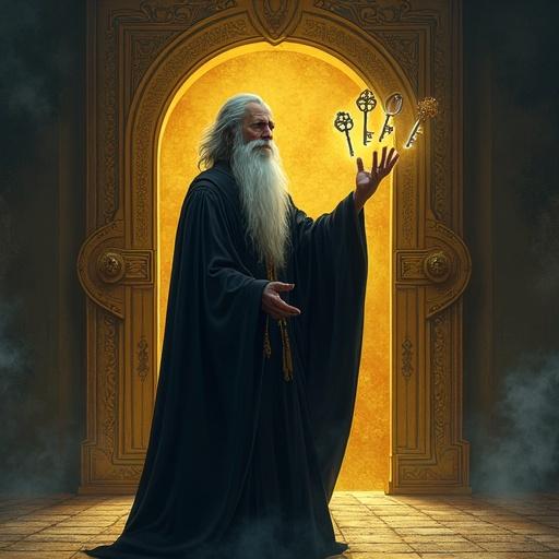 Cinematic fantasy illustration featuring an old wizard in elegant robes with long white beard and streaked hair. The character stands in a shadowy area before a golden door with keyholes. Four glowing keys hover above his hand. Text alongside describes hidden game challenges and clues. Scene evokes magic and anticipation.