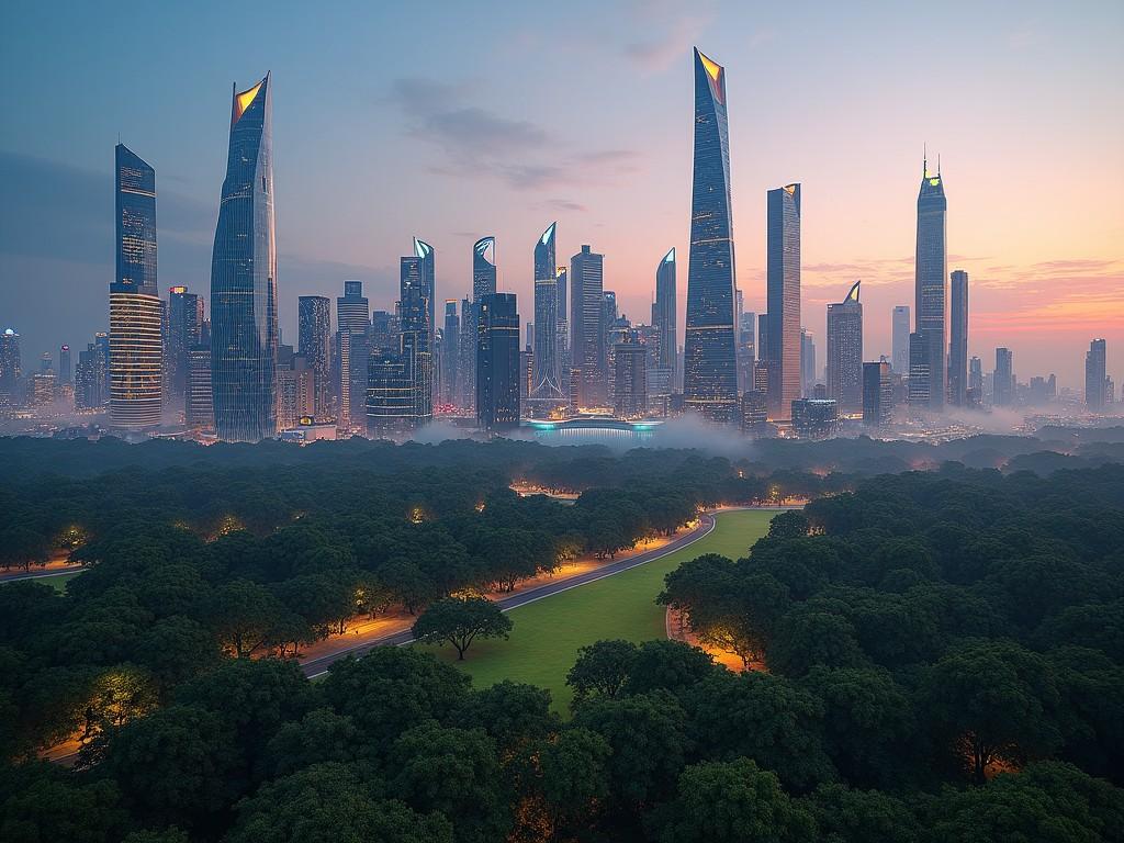 This image features a stunning aerial view of a futuristic skyline during twilight. The cityscape is dominated by tall, modern skyscrapers that boast unique architectural designs. Below, a lush green park contrasts beautifully with the urban environment. Street lights line the park, offering a warm glow against the cool tones of the buildings. The overall atmosphere is serene, showcasing the harmony between urban development and nature.