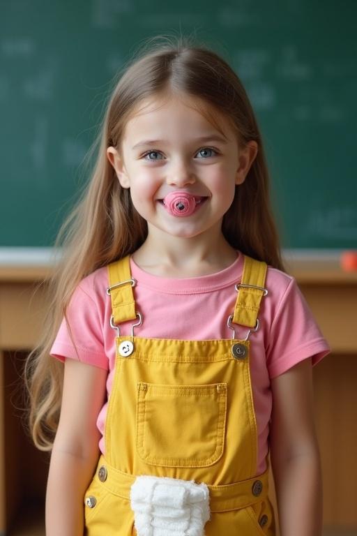 A girl stands in a classroom. She has long light brown hair and blue eyes. She wears a pink t-shirt and yellow dungarees. The background has a blackboard. The girl smiles and holds a pacifier. She looks playful and innocent.