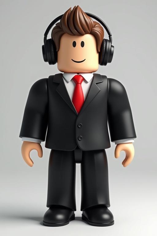 Fictional digital avatar resembling a Roblox character Dressed in a smart black suit with a red tie Hair styled in a semi-casual manner Wearing headphones Standing in a neutral pose against a plain background