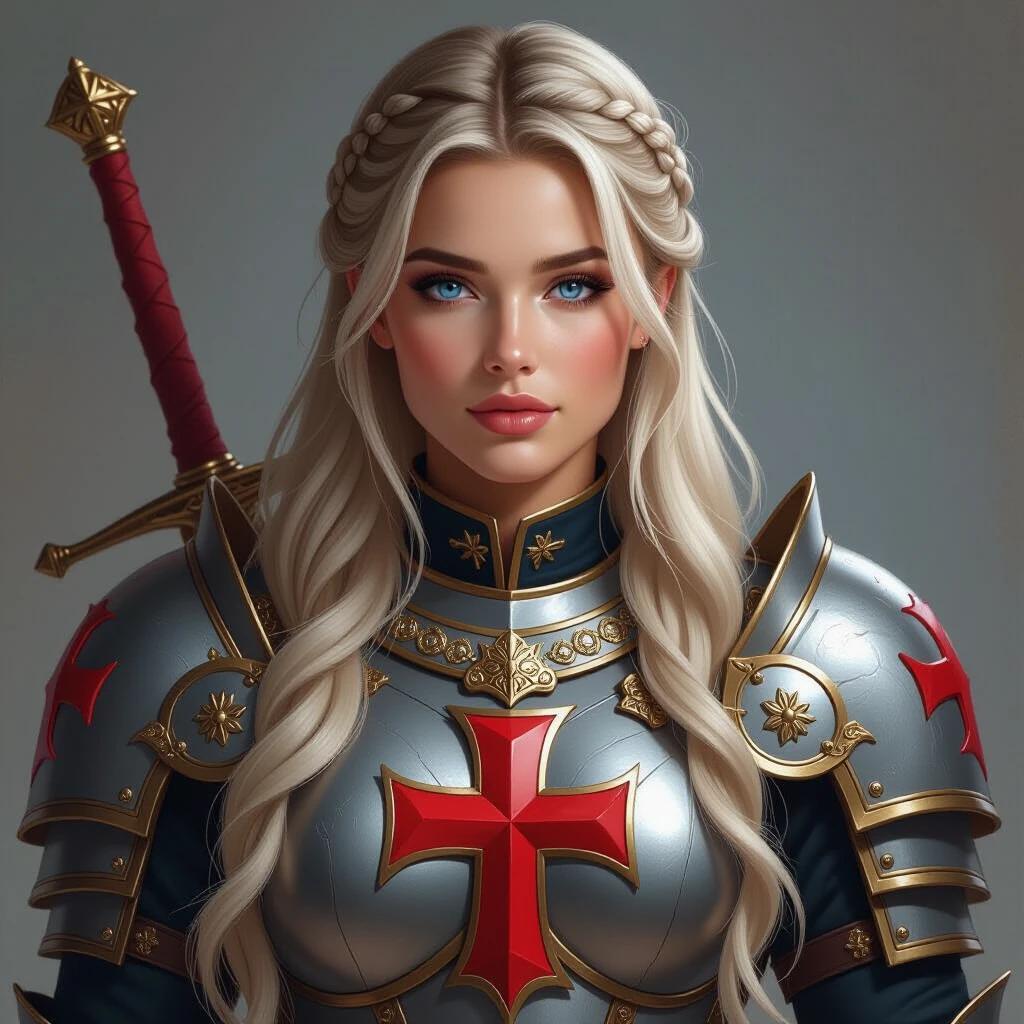 Create a hyperrealistic portrait of a muscular woman with long blonde hair wearing intricate paladin armor featuring a big red cross on the chest.