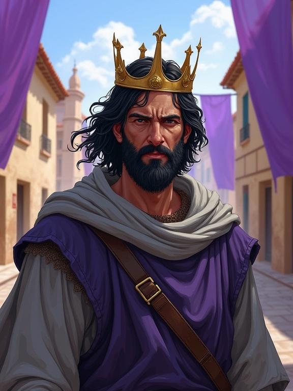 Portrait of a man with black hair gray streaks. Simple crown gray clothes. Expression shows determination exhaustion. Background features colorful alley purple banners wind. Greek fantasy city behind. Heroic epic vibe. Digital art style of Jason Chan.