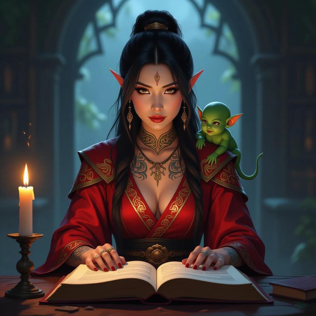 An Asian woman with dark hair wears red arcane robes. She has mystical tattoos. Reading from a huge black book on a table. A small green imp is on her shoulder. The setting is illuminated by candlelight. Face is directed forward.