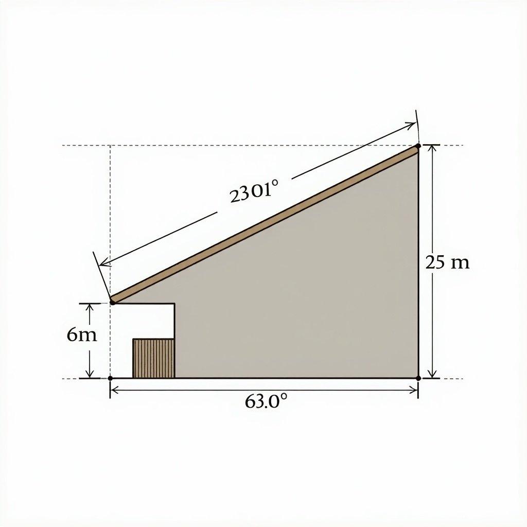 Architectural illustration of a modern house with slanted roof. Elevation angle is 25°. Vertical height from base to peak is 6 meters. The width of the house is 25 meters. Slanted part of the roof is determined as hypotenuse. Measurement annotations included.