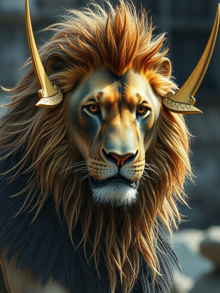 A striking image of a majestic lion adorned with golden horns. The lion's mane is beautifully detailed, with rich shades of orange and brown that enhance its regal appearance. With a calm yet powerful expression, the lion stands against a softly blurred background, focusing the viewer's attention on its otherworldly features.