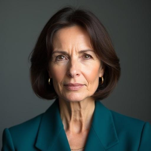 Photorealistic portrait of a woman in a deep teal blue pantsuit. She has dark brown bob haircut and hazel eyes. Serious and thoughtful expression. Minimal makeup.