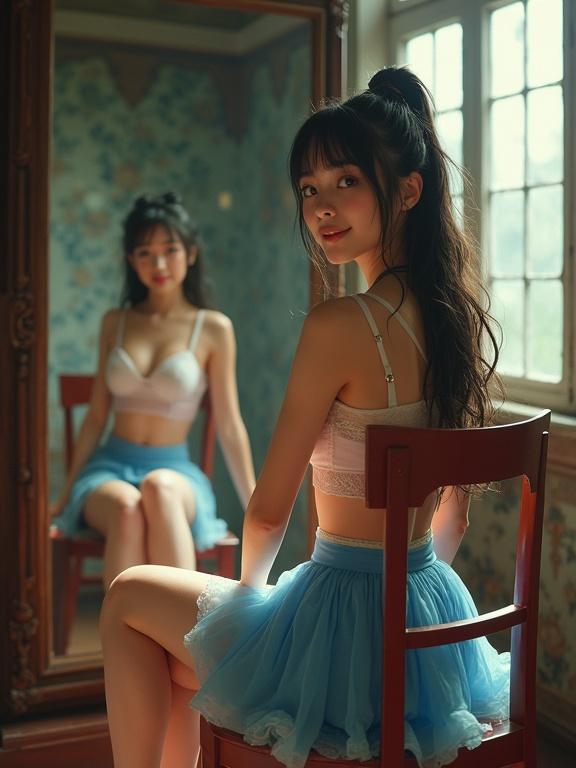 Petite Asian girl in futuristic Alice costume. She's seated on a chair in a feudal Chinese room turning back. Hair tied and smiling softly. Wearing blue and white skirt with light pink bra. Glossy blue eyes. Picture has a nostalgic film grain look. Emphasis on mirror reflection.