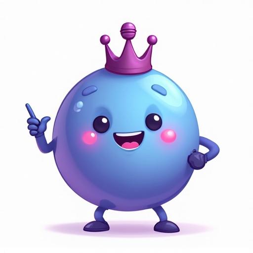 Adorable blob character with a smiling face. Blob is a blue color with a purple crown. The crown is formed by creative icons like a camera, pen, and microphone. Soft vector style with simple rounded shapes and a white background. Suitable for tech branding.