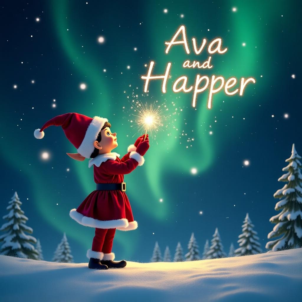 The image captures a festive scene featuring a charming elf dressed in a traditional red outfit. This character is looking upwards towards a stunning dark sky illuminated by vibrant northern lights. In one hand, the elf holds a magic wand that is being used to write the names 'Ava' and 'Harper' in beautiful sparkling letters. The snowy ground adds a peaceful and serene backdrop to the lively atmosphere. Overall, the scene evokes a sense of wonder and joy, perfectly encapsulating the Christmas spirit.