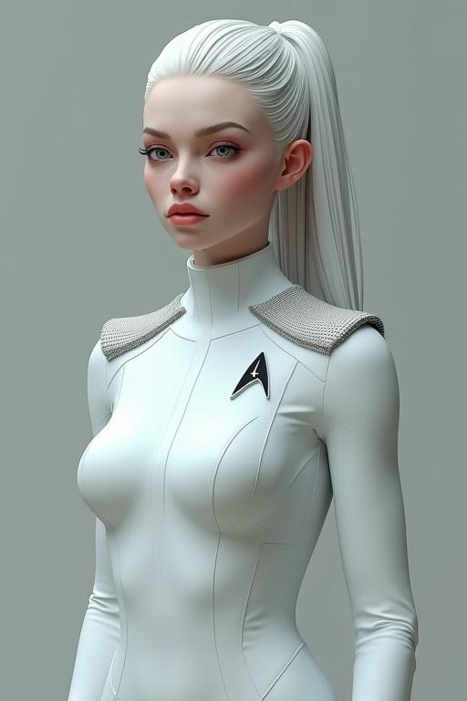 A hyperrealistic female character in a Star Trek inspired bodysuit. She has long white hair and light blue eyes. The background features a futuristic scene with a starship. She has a shy expression, emphasizing her features. Dramatic lighting enhances the sci-fi aesthetic.