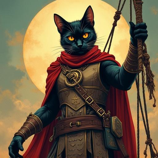 Tabaxi pirate captain character depicted as ex gladiator. Character hangs off ship rigging. In art nouveau style with vibrant colors and intricate details.
