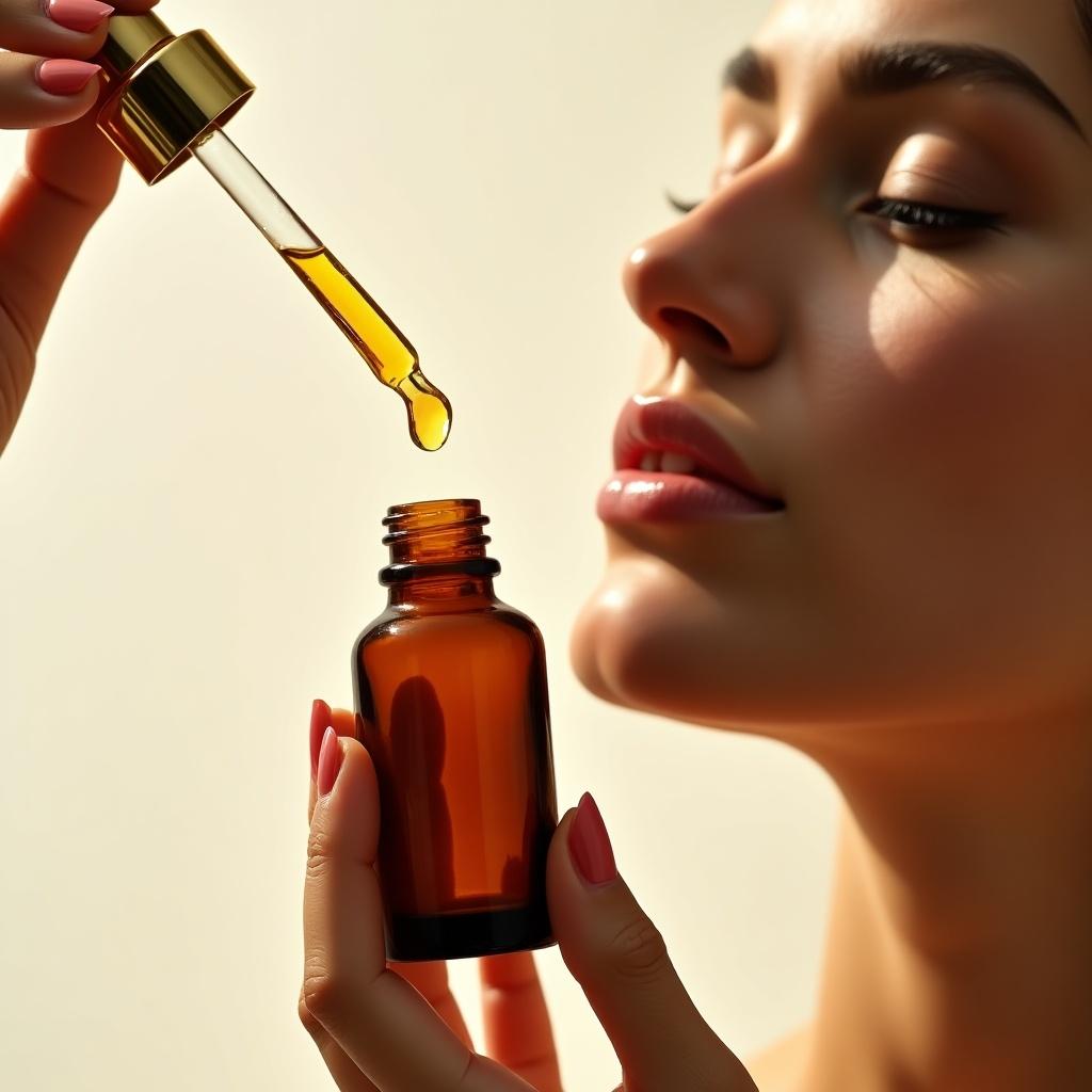 Close-up shot of applying face oil from amber bottle with golden cap. Oil has luxurious golden hue, glowing slightly. Skin is radiant and smooth, illuminated by soft lighting. Focus on oil application with dropper and bottle against a minimal background.