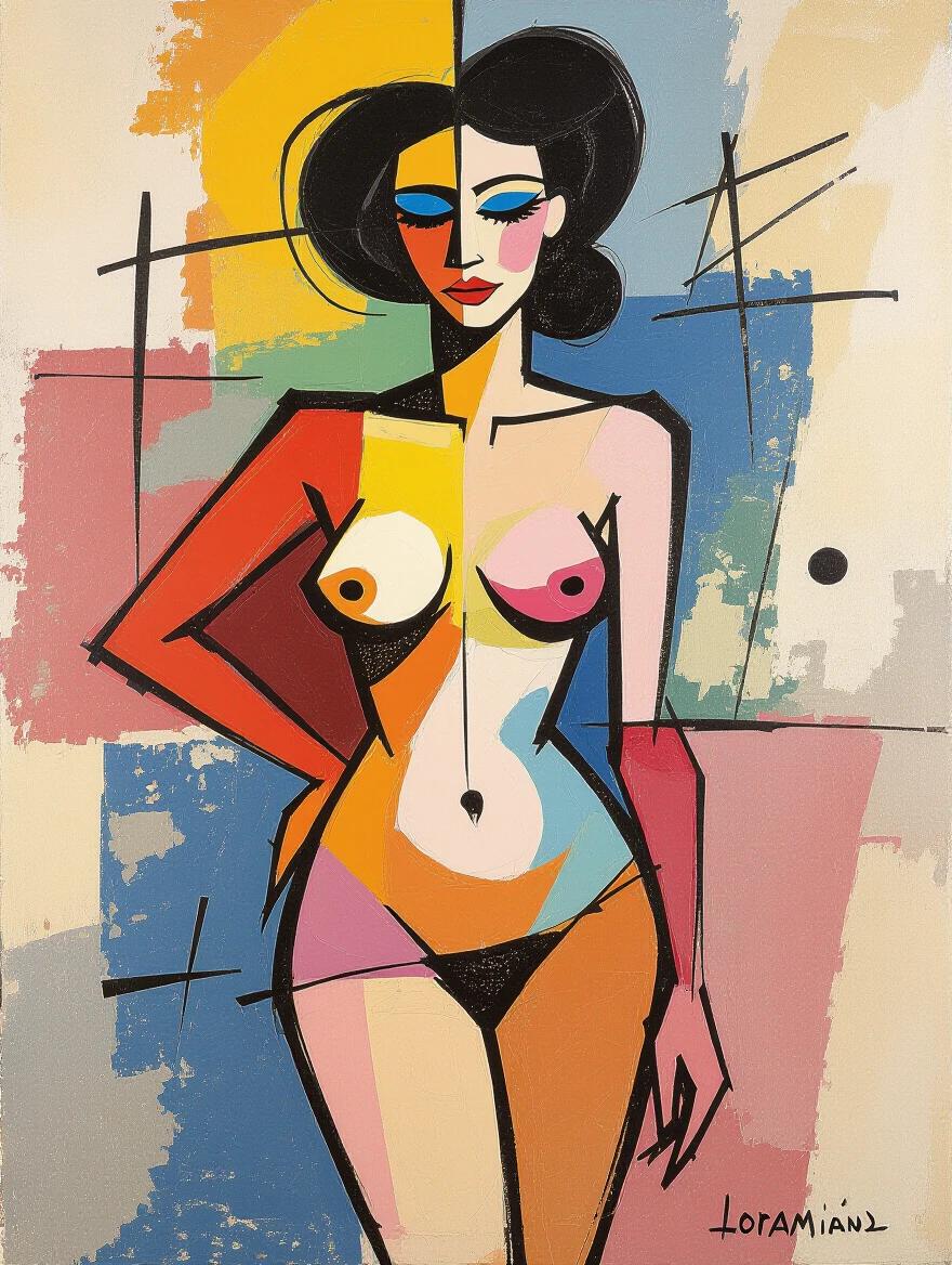 Artistic representation of a nude model in an abstract oil painting style. The model's figure has bold colors and geometric shapes. Background features erratic designs with splashes of paint.