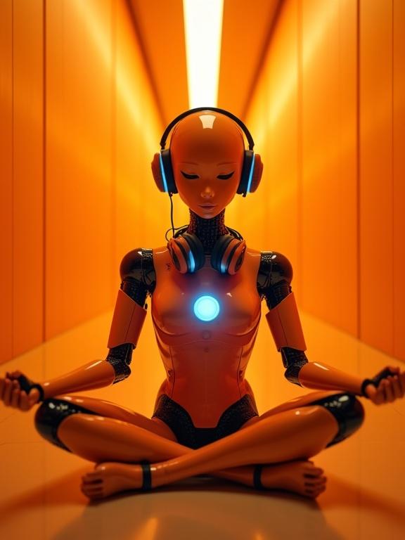 A humanoid robot sits in a meditative pose. The figure has a smooth orange surface. A circular blue light glows on its chest. Headphones rest around its neck. Warm lighting bathes the corridor in orange hues.