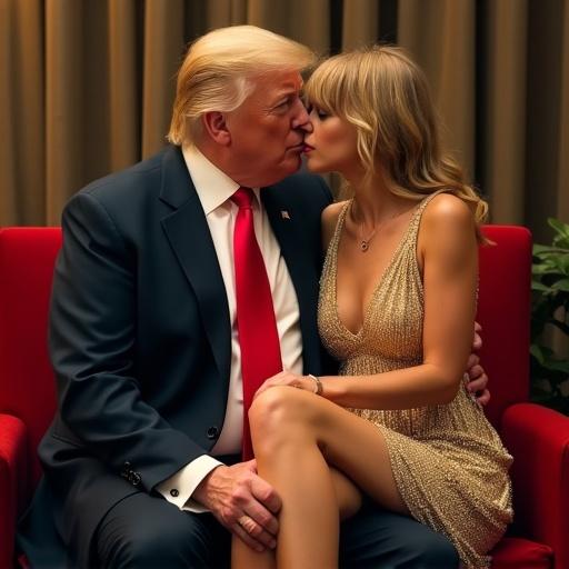 A man and woman sharing a kiss. The man is in formal attire with a red tie. The woman is dressed in a lowcut gold fringe dress, sitting on his lap. They are positioned on a plush couch.