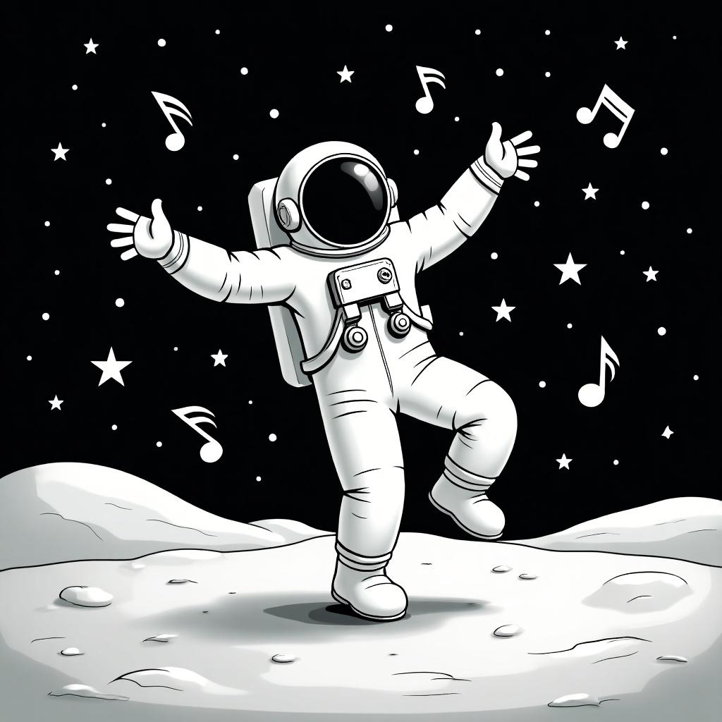 Astronaut dances energetically on the moon in a white space suit. One foot extended backward, balanced on the tip of the other toe. Arms outstretched, showcasing movement. Surrounded by musical notes and stars against a black background.