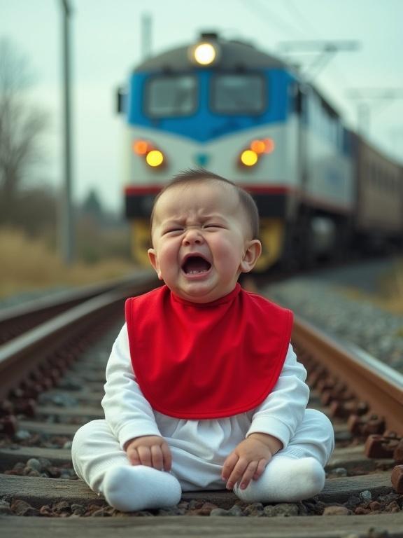 A surreal scene depicts a baby on train tracks. The baby wears a red bib and a white dress. The baby is sobbing with urgency. A large blue and white train approaches in the background. Bright, high-contrast lighting highlights the expressions. Softer warm tones create contrasting emotions. Framing emphasizes distance from the train. The image combines hyper-realistic details with whimsical style.