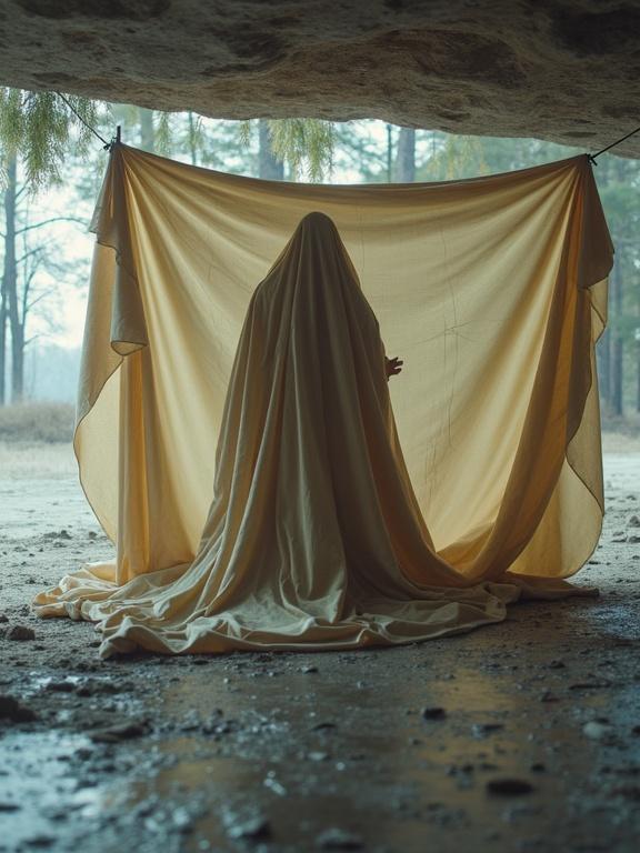 A human figure is draped under a soft rubber sheet. The figure is positioned in a cave-like environment. Natural light filters in softly from outside, enhancing a sense of mystery. The scene features earthy tones and a calming ambiance.