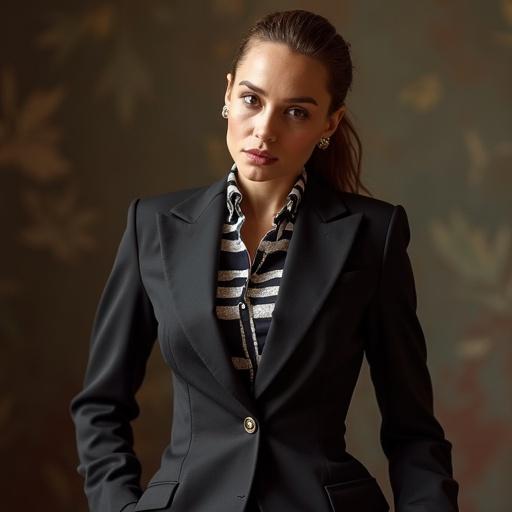 Model in a black suit with a golden button. The person has hair styled and is posing confidently. Background features a blurred floral pattern.