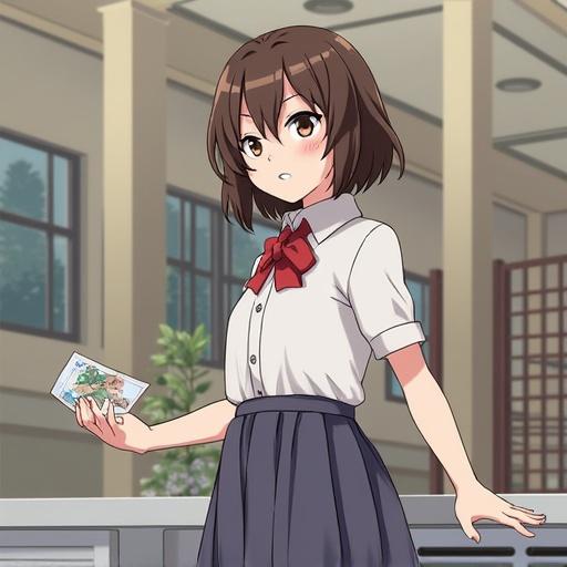 Scene of a Japanese high school classroom. A girl in a summer uniform stands with a piece of paper in her hand. She has brown hair and a red bow tie. The classroom has large windows with green plants visible outside.
