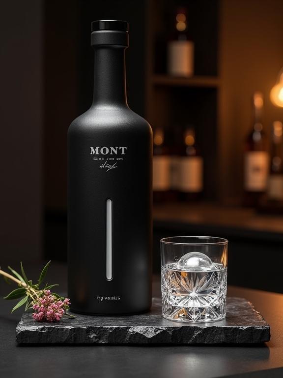 Hyper-realistic product advertisement photograph of Mont Black vodka. Elegant tall black bottle with platinum-embossed logo and handwritten signature. Bottle has condensation droplets. Positioned on dark textured stone slab. Beside it a crystal vodka glass with oversized ice cube. Sprig of wild juniper and dried immortelle flower accompany the glass. Atmospheric background with warm ambient light and blurred bar shelf.