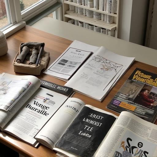 An inviting arrangement of various publications on a wooden table. Consists of magazines and documents laid out for reading. Natural light enhances the scene.