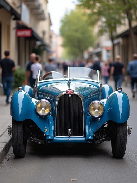 Realistic Bugatti Type 35 parked diagonally on urban street. Shows front and side. 9:16 vertical format. Natural daylight. People walking casually in background. High realism.