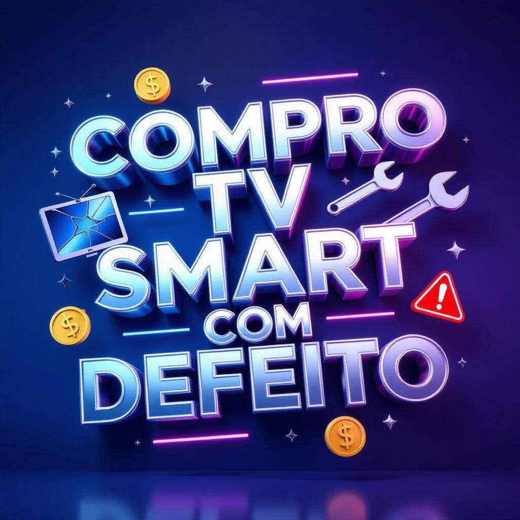 3D rendered advertisement image. Text reads 'COMPRO TV SMART COM DEFEITO'. Bold metallic typography with chrome finish. Floating 3D icons around text include cracked TV screen golden dollar signs repair tools warning symbols. Dark blue to purple gradient background with neon lighting effects. Text completely legible and spelled correctly.