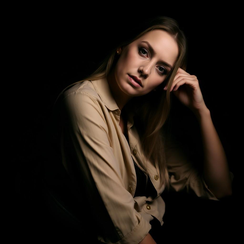 A woman gazes thoughtfully in soft, dramatic lighting against a dark background.