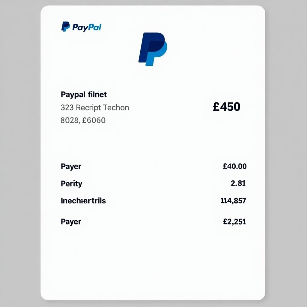 PayPal payment receipt displays transaction of £450 with payer details. Features PayPal logo at the top. Design is minimalist and suitable for online payments.