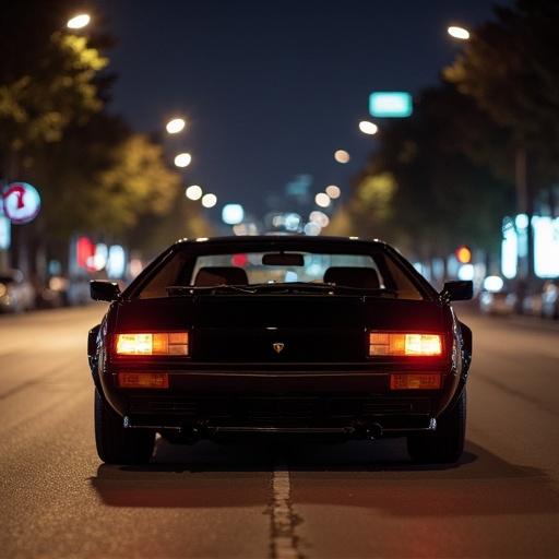 High resolution image of a black Lamborghini Jalpa with a 3.5l V8 engine on a busy street in Los Angeles at night. The rear view is captured, showing the car on an empty road surrounded by city lights.