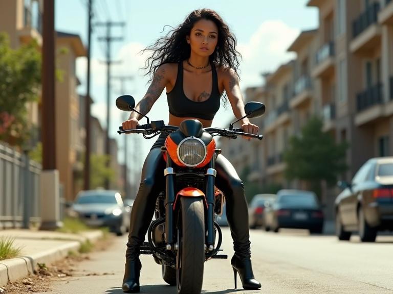Photo of a mixed race girl with dark hair and tattoos riding a sports motorcycle. Sunny day in an urban area with houses and parked cars.
