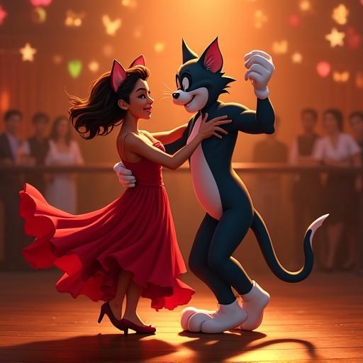 Tom and Jerry dancing salsa in a vibrant party setting. Two characters are sharing a dance in a lively atmosphere with warm lighting and festive decorations.