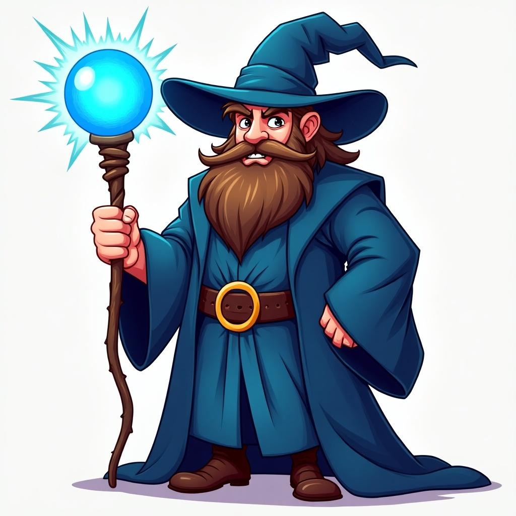 This image depicts a charismatic wizard, radiating swag and confidence. He wears a deep blue robe with a wide-brimmed hat. The wizard's long brown beard adds to his wisdom. He holds a mystical staff with a blue orb, showcasing his magical abilities. The character design blends traditional wizard aesthetics with modern charm, making him both approachable and intriguing.