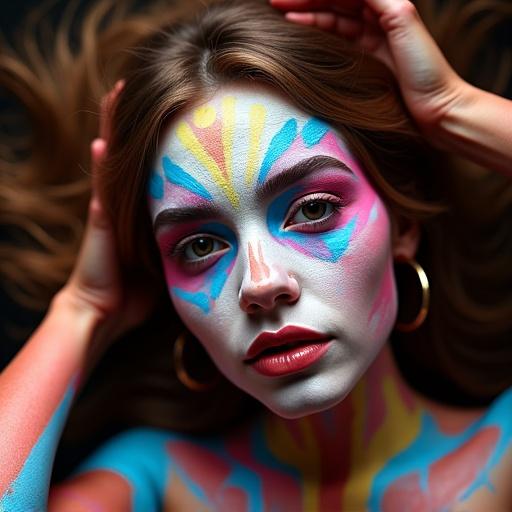 A woman with face and body covered in vibrant colorful paint. Neon lights create a playful atmosphere. Bold patterns and artistic flair enhance her striking appearance. Top-down view highlights her expression and style.