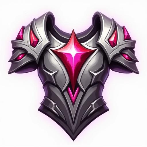 Icon of a legendary breastplate featuring silver and white with red black pink accents for a card game. Designed in the style of World of Warcraft. Size 48 x 48 pixels with a transparent background.