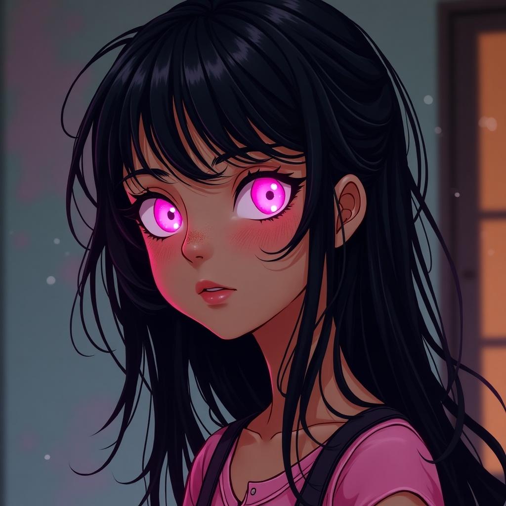 Character from Arcane show featuring a teenage girl with tan skin and freckles. She has black hair and glowing neon pink eyes. The atmosphere is soft with a hint of whimsy.