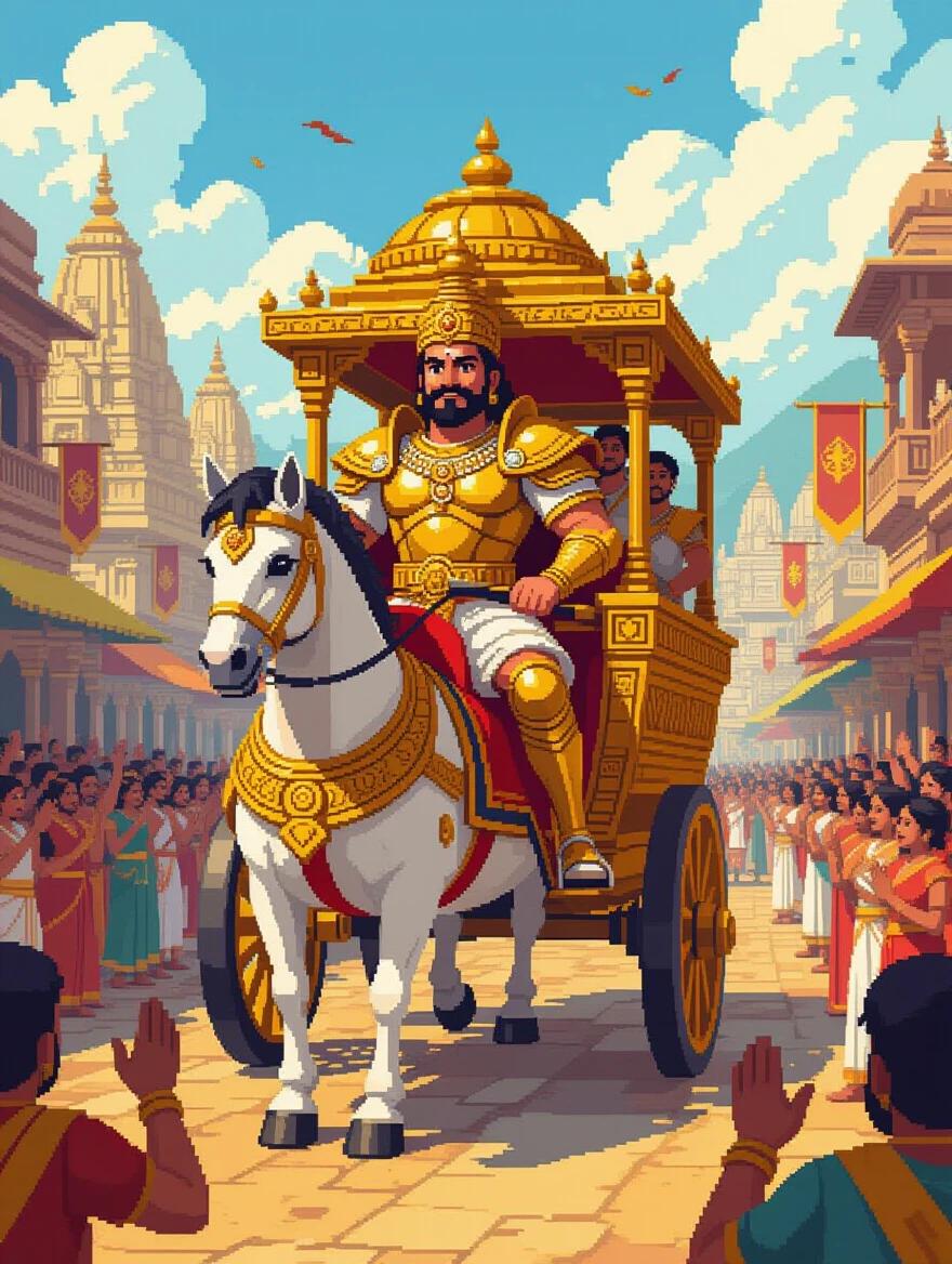 Regal 3D pixel art scene. Karna as King of Anga. Wearing golden armor on chariot. People saluting. Streets filled with happy citizens. Background with temples and banners.