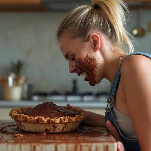 Side view of a blonde woman wearing overall shorts. Face inserted in chocolate pie. Chocolate covering her face.