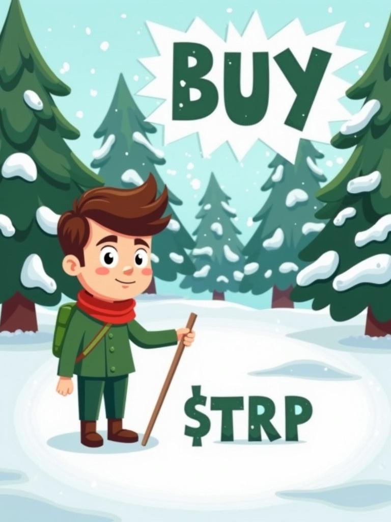 Cartoon character stands in snow. Character wears green outfit and red scarf. Writing text 'BUY $TRP' on ground. Background has snowy pine trees.